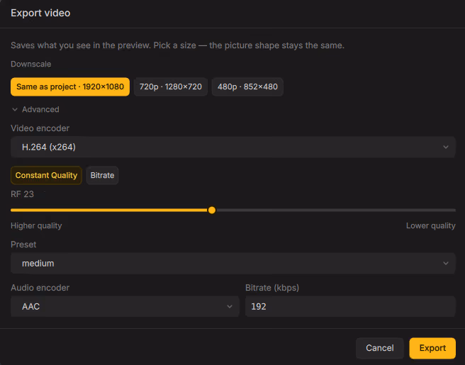 Export video dialog