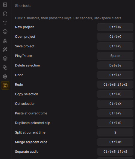Shortcuts tab