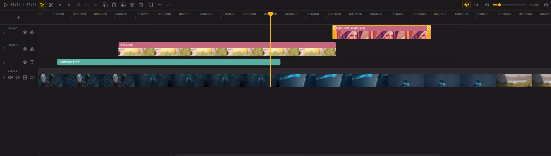 Timeline with tracks, playhead, and toolbar